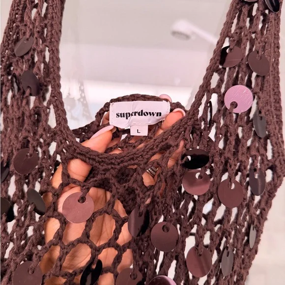 Superdown Chocolate Crochet Dress with Sequin Accents - Picture 6 of 6